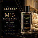 Elyssia - M13 Royal Musk koku profili ve karakter detay kartı, şeffaf cam şişe