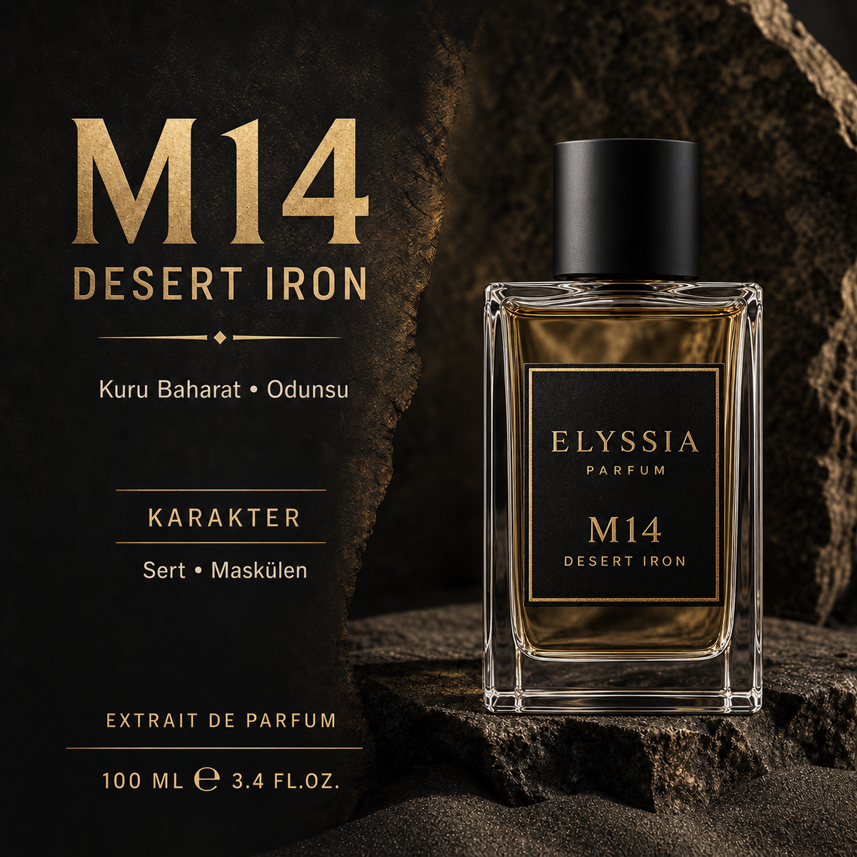 Elyssia - M14 Desert Iron koku profili ve karakter detay kartı, şeffaf cam şişe