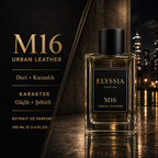 Elyssia - M16 Urban Leather koku profili ve karakter detay kartı, şeffaf cam şişe