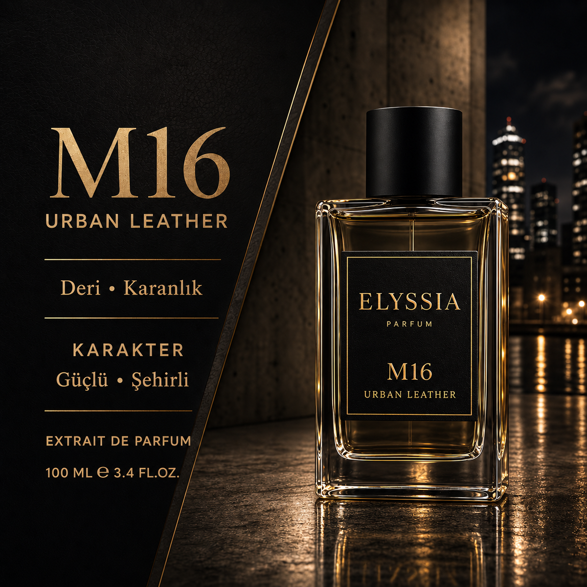 Elyssia - M16 Urban Leather koku profili ve karakter detay kartı, şeffaf cam şişe