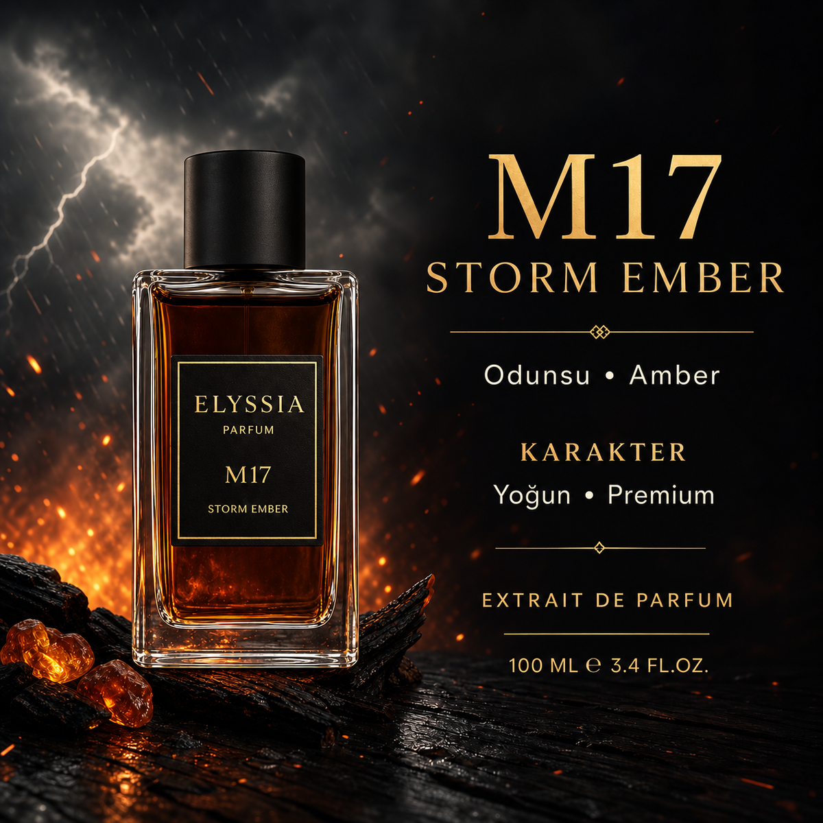 Elyssia - M17 Storm Ember koku profili ve karakter detay kartı, şeffaf cam şişe