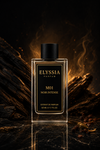 Elyssia M01 Noir Intense 50 ml erkek parfümü, siyah kapaklı cam şişe ve odunsu premium sahne